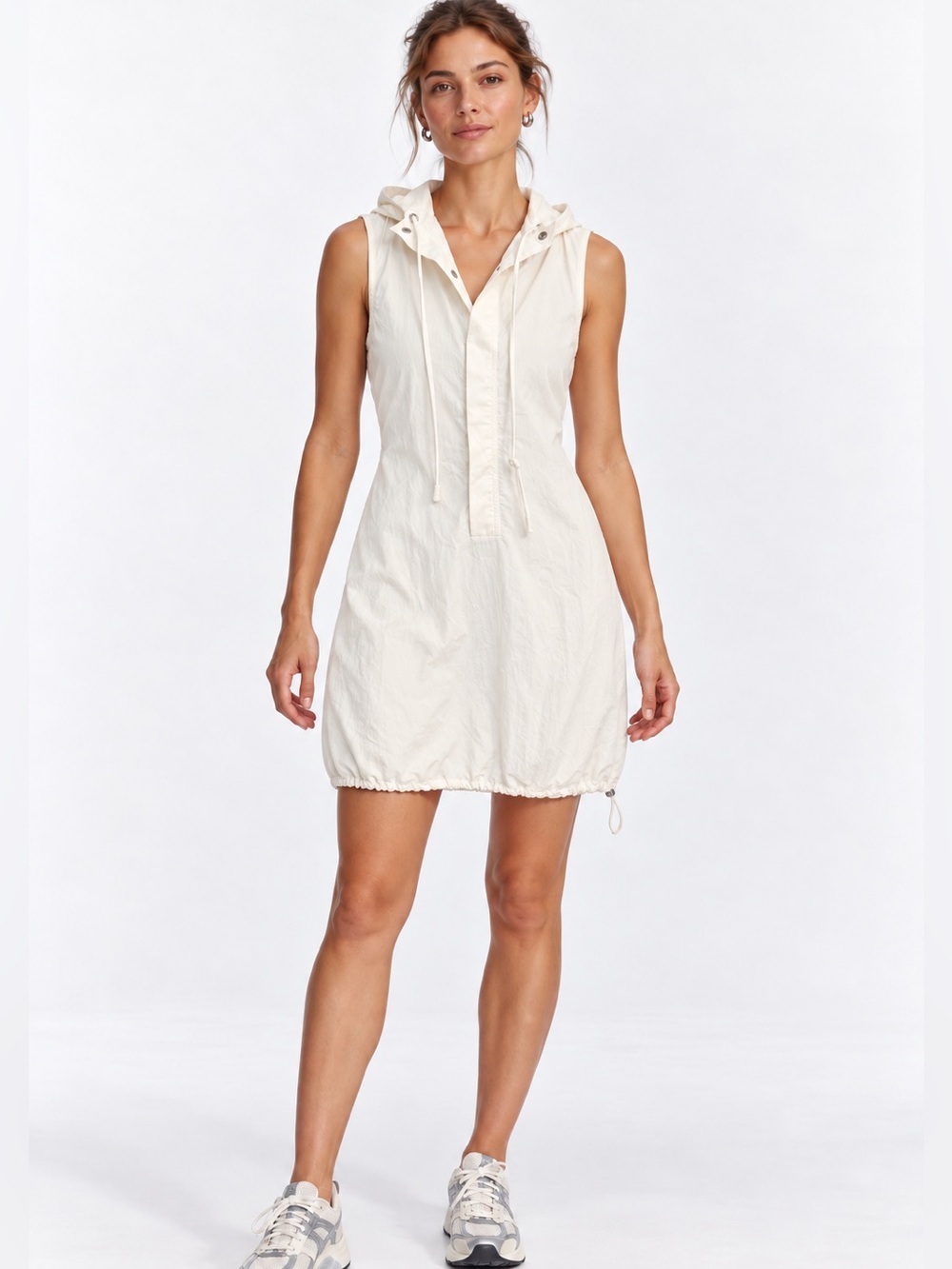 Zara Ivory Hooded Sleeveless Drawstring Hem Mini Dress Size S